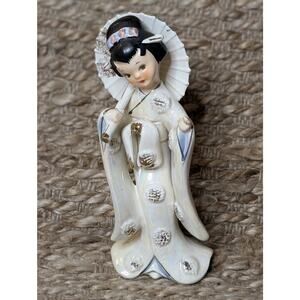 Vintage Hand Painted Porcelain Lusterware Asian Woman Figurine Playing Drum